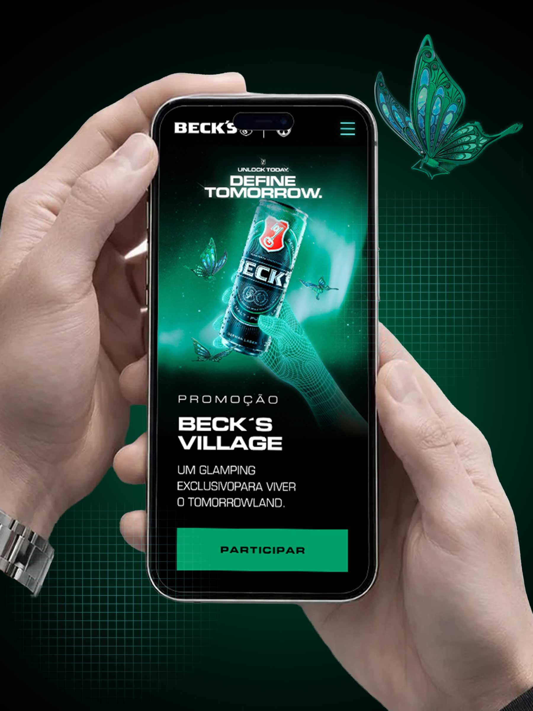 Beck's Village hero: the glowing Beck's can, Define Tomorrow.