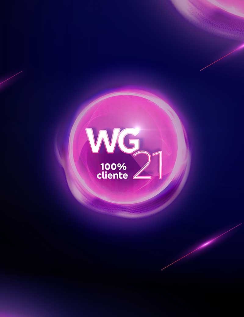 WG21 · 100% cliente: the glowing purple orb logo for Bradesco's Workshop de Gerentes 2021.