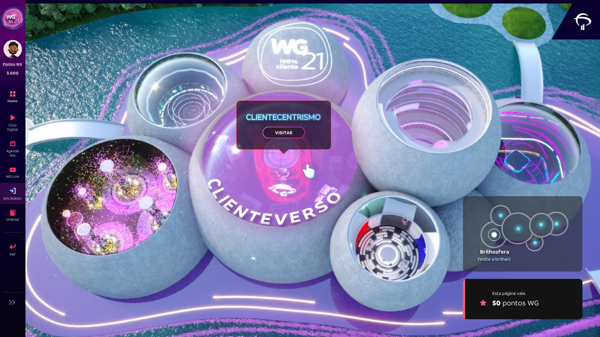 The WG Village hub, a 3D world of spherical themed stations floating in a stylized landscape.