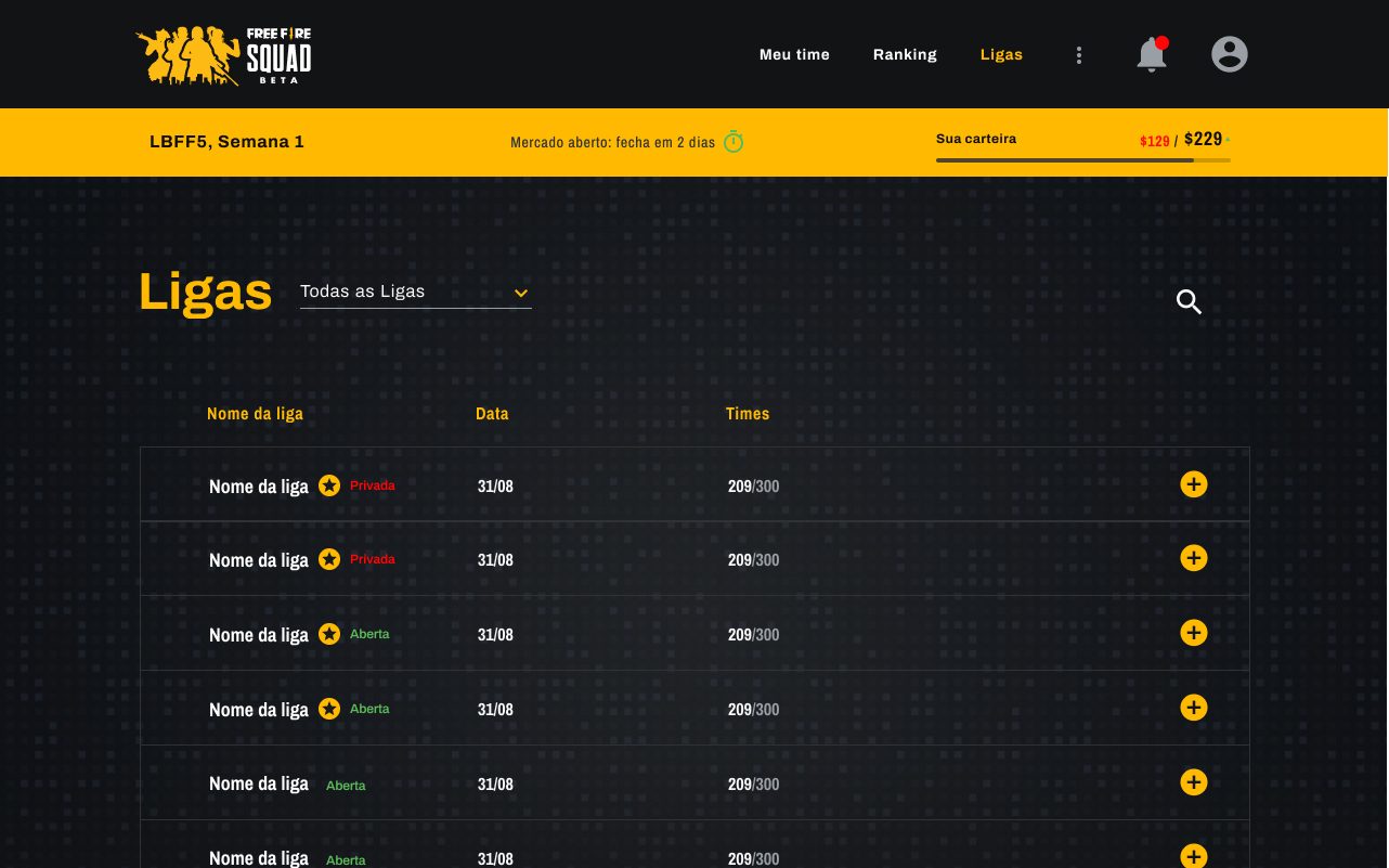 The leagues screen, browsing public and custom leagues to join.