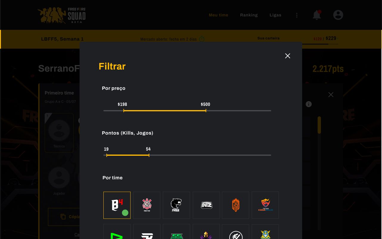 The player market with filters, sorting the pool of LBFF pros by price and stats.