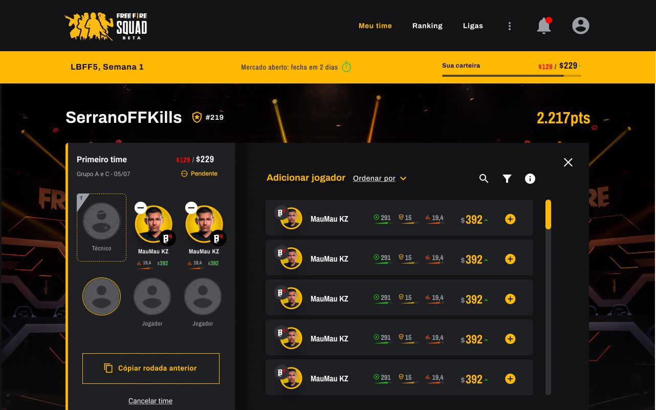 The squad builder: assembling five pro players plus a coach, with the wallet, the market timer, and the player market open.