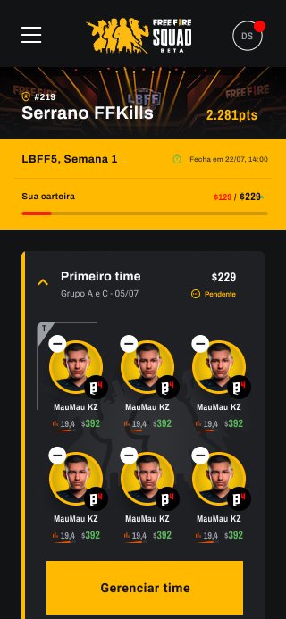 FF Squad on mobile: the squad screen with pro players selected.