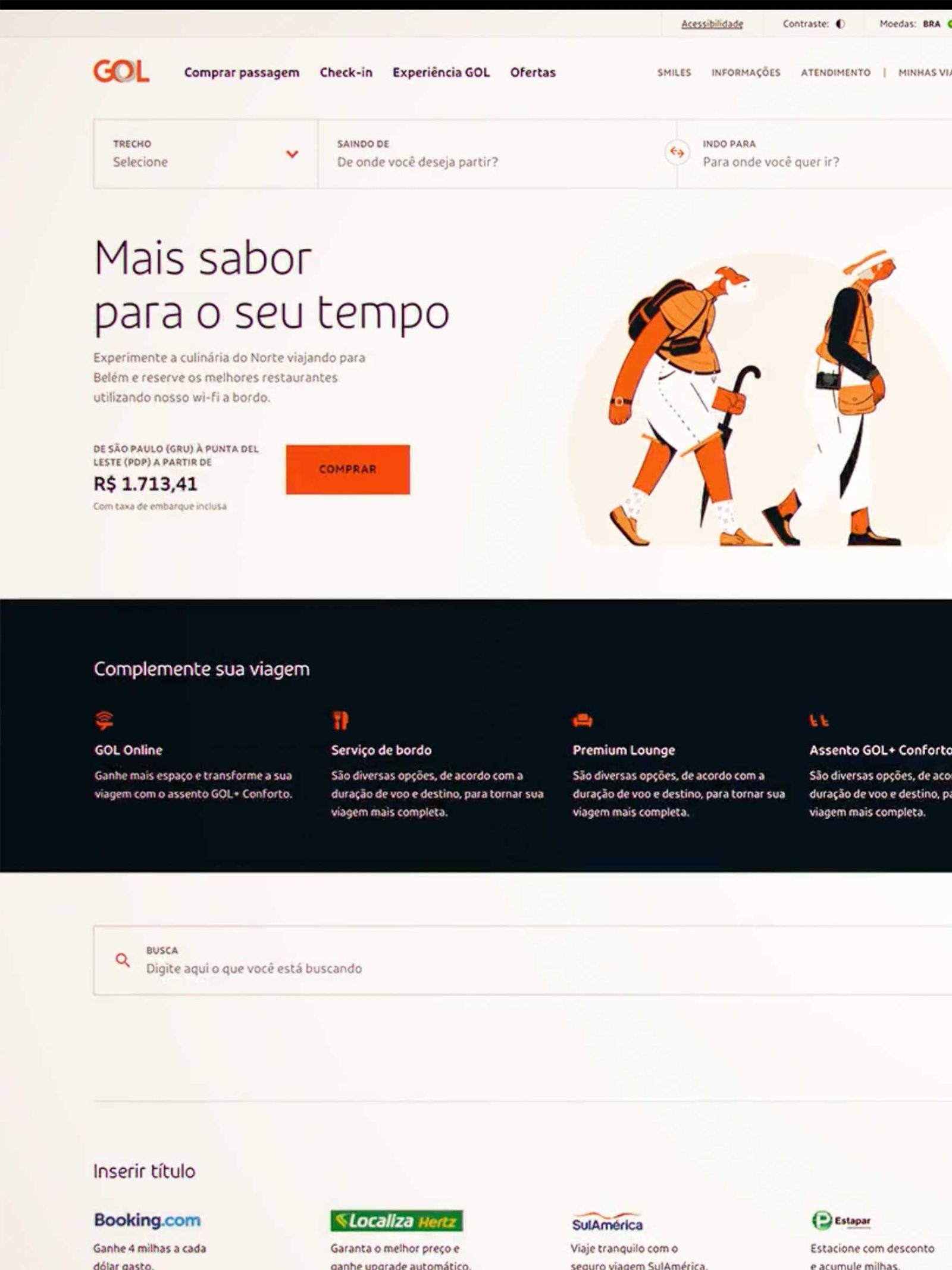 voegol.com.br homepage: GOL's orange brand system carrying the flight search widget, the 'Mais sabor para o seu tempo' campaign hero with illustrated travellers, and the services strip below.