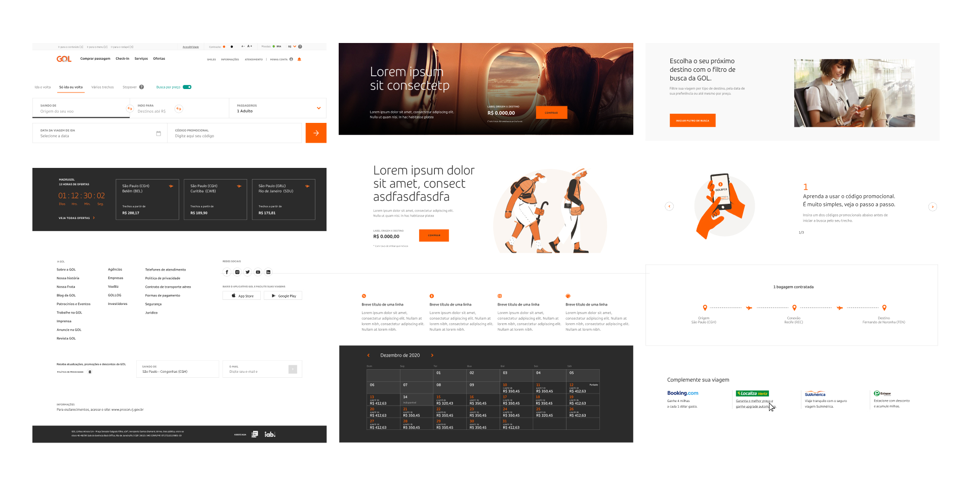 GOL design system: the component library that held the brand's rules across the site, with tokens, base components, and patterns documented with variants and states.