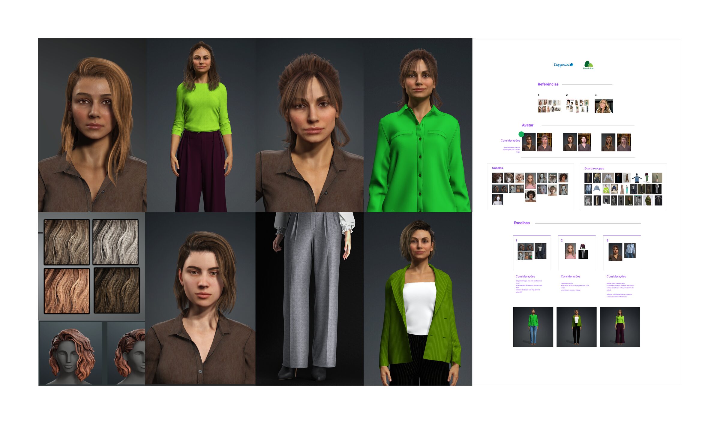 Avatar exploration board for Paola · hair color and texture studies, wardrobe explorations (green shirt + jeans, brown shirt, blue shirt, gray wide pants), short-hair variant, and the final pick on the right: green sweater with plum wide pants.