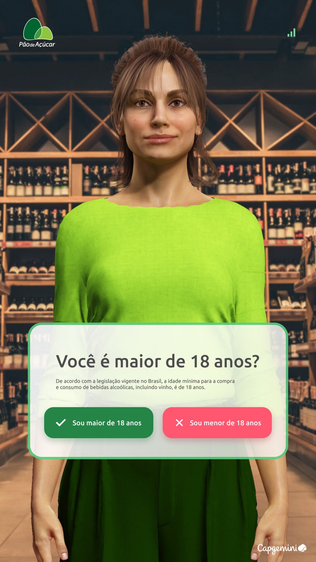 Age verification · 'Você é maior de 18 anos?' modal with 'Sou maior de 18 anos' / 'Sou menor de 18 anos' buttons