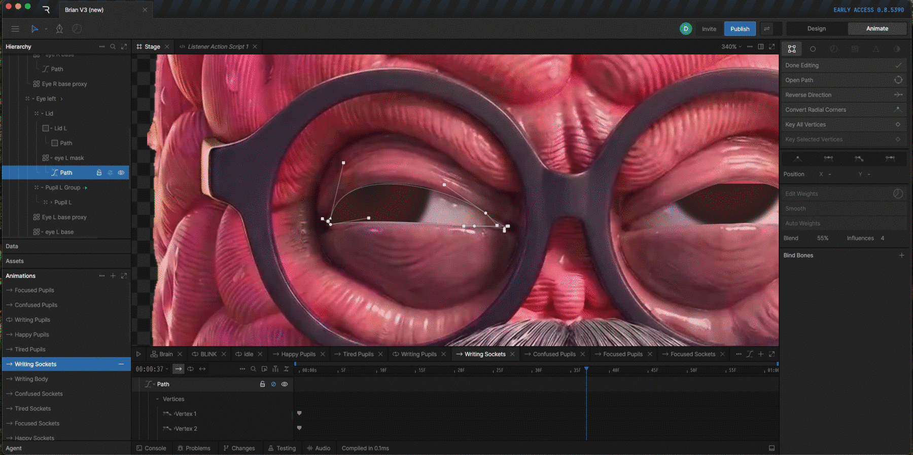 El Brian's V2 rig in Rive: the vector eye and lid paths being edited, with the mood-driven animation tracks (Happy, Tired, Confused, Focused, Writing Pupils and Sockets) listed in the panel.