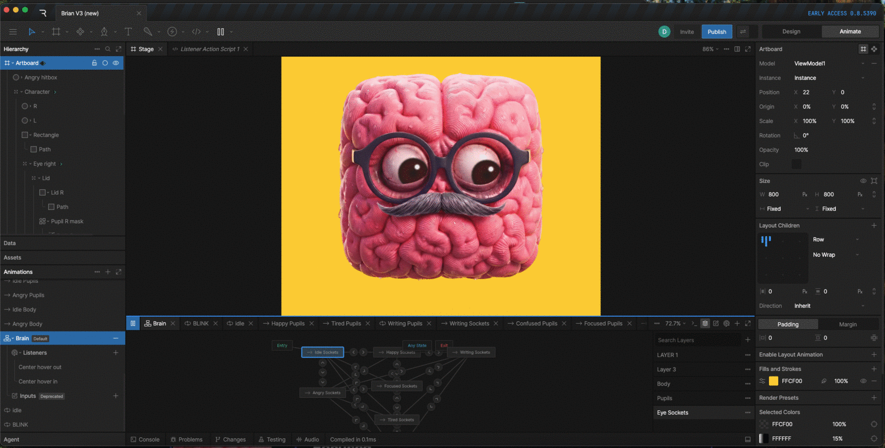 The V2 state machine in Rive: the character on stage next to the Brain state graph, Idle Sockets branching to Happy, Writing, Angry, Focused and Tired Sockets.